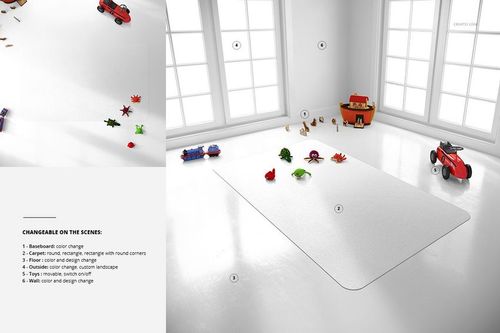 Perspective view of a kids room featuring a rectangular white carpet mockup surrounded by colorful toys and large windows.