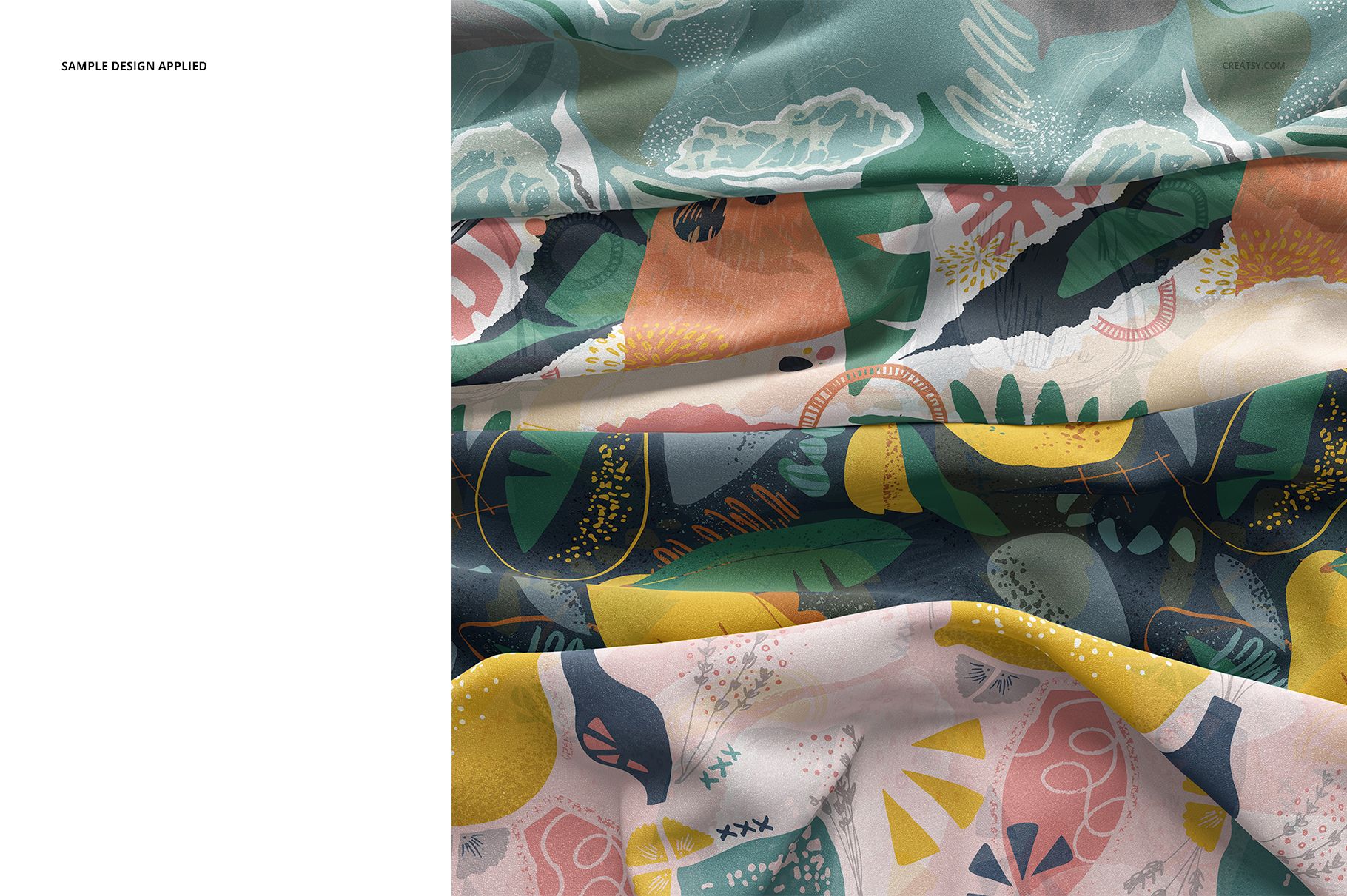 Close-up view of semi-transparent silk fabric mockup with layered folds, featuring colorful abstract patterns.