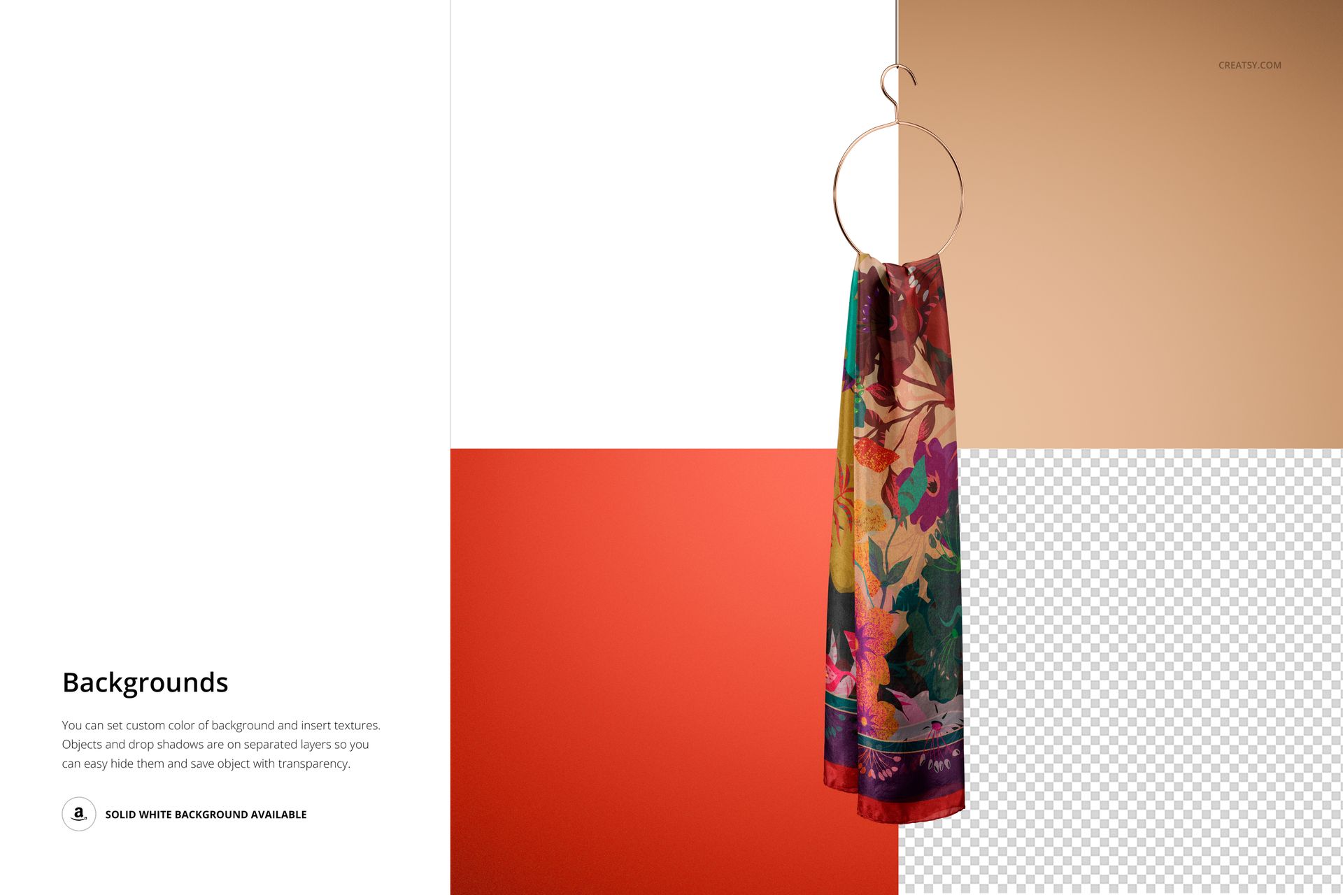 Habotai silk scarf mockup displayed on a circular hanger, featuring multicolor floral design and split backgrounds.
