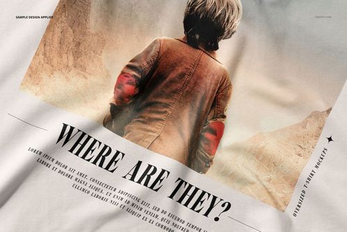 Oversized t-shirt mockup featuring a printed design with a person in a jacket standing in a desert landscape, front view.