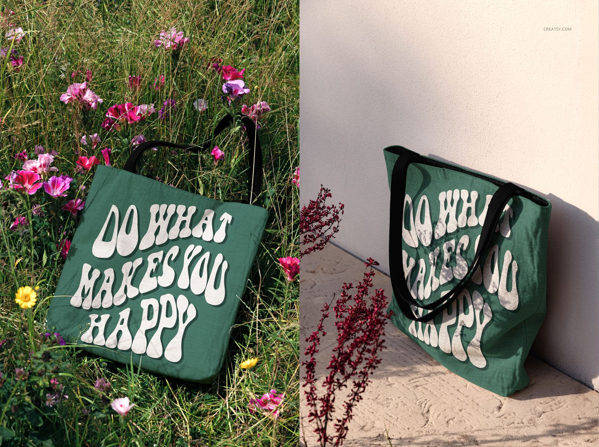 Woven tote bag mockup featuring green fabric and white lettering, displayed on grass and stone near flowers.