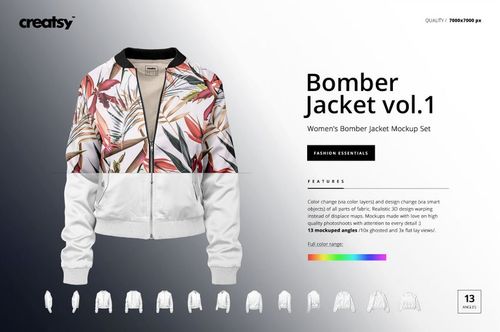 Front view of a women's bomber jacket mockup with a tropical leaf pattern on the upper section and white lower sleeves and body.