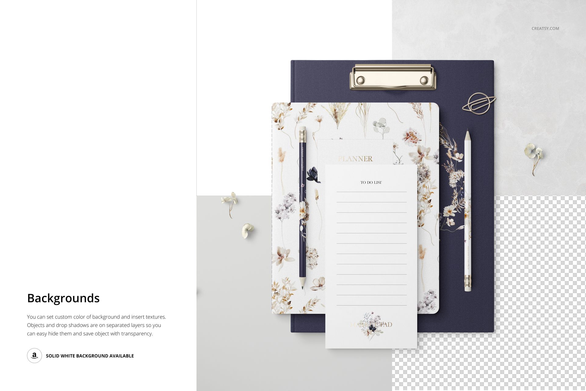 Top-down view of a stationery mockup set with floral patterns, clipboard, notepad, pen, and decorative props.
