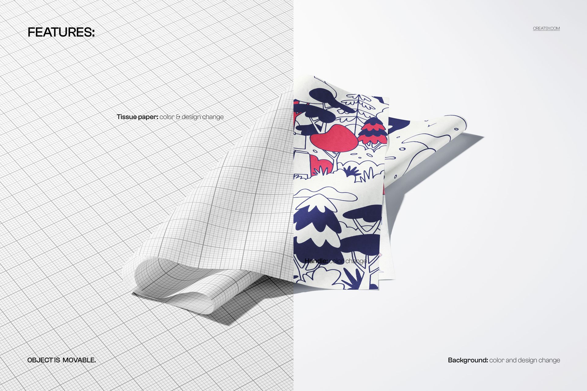 Folded tissue paper mockup showing vibrant blue and red design, set on a studio background with grid and plain areas.