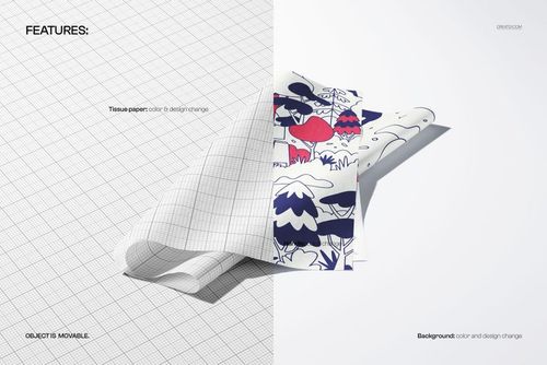 Folded tissue paper mockup showing vibrant blue and red design, set on a studio background with grid and plain areas.
