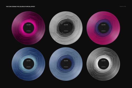 PSD mockup displaying six vinyl records with swirl designs in various colors, arranged in two rows on a black backdrop.