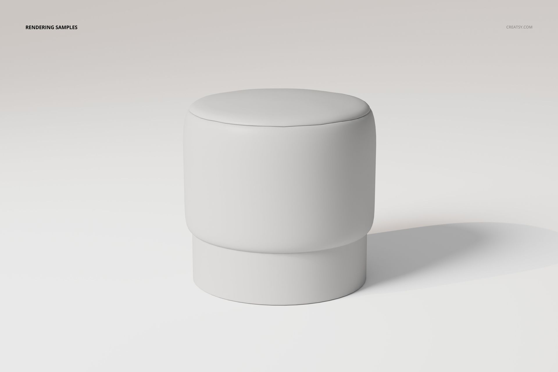 Modern upholstered pouf with a rounded shape in light gray, shown from a front angle on a plain background.