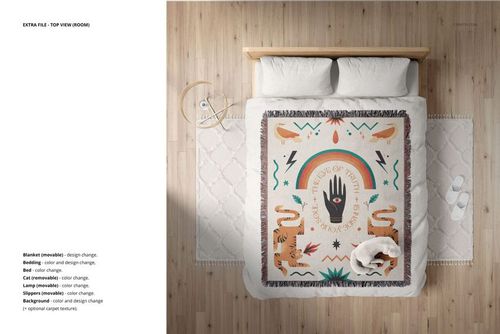 PSD mockup showing a bedroom with a patterned blanket, bedding, and rug in neutral and warm colors from a top perspective.