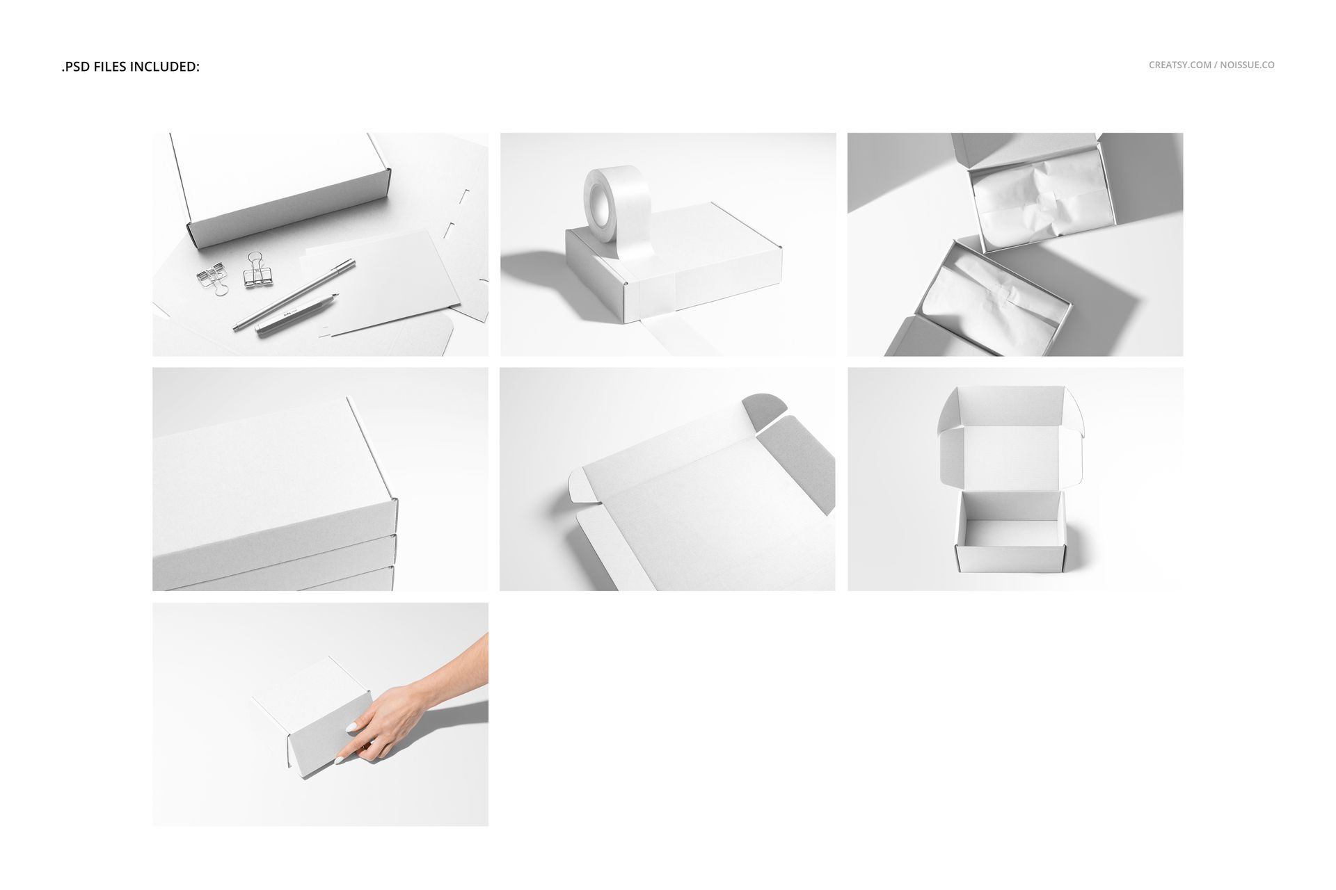 PSD mockup set featuring white mailing boxes in assorted perspectives, including top view, side view, and hand holding a box.