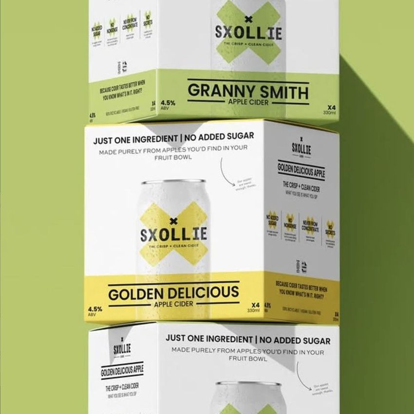 Square box mockup featuring three stacked cider packaging boxes with green and yellow accents on a light green background.