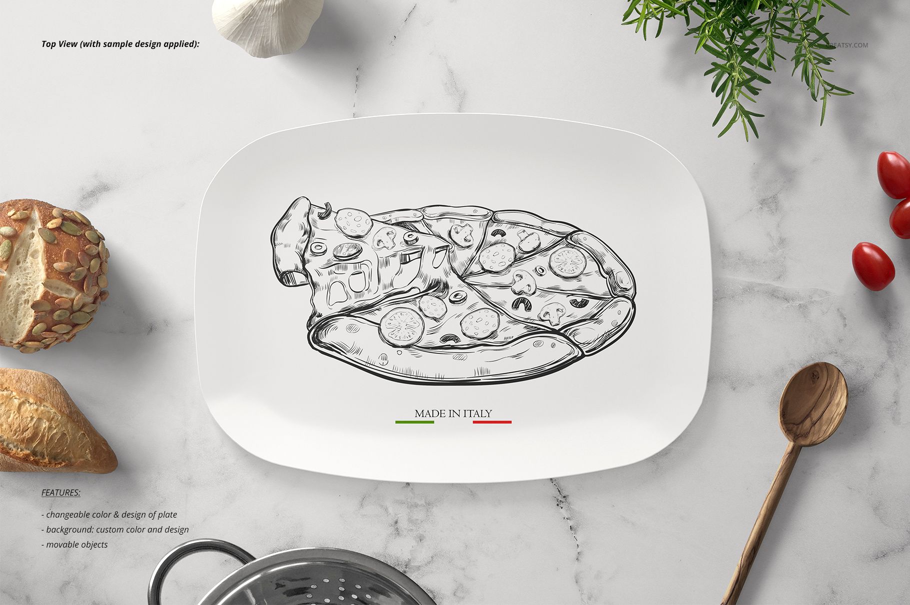 Rectangular white plate mockup with a hand-drawn pizza design, viewed from above with bread and colander nearby.