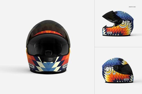 Motorcycle helmet mockup with geometric multicolor pattern, shown from front and side views on a white background.