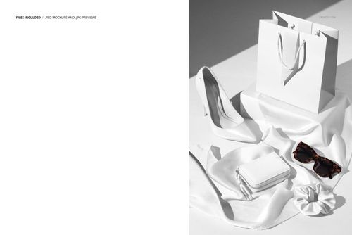 Top view of a fashion accessories mockup featuring a white silk scarf, scrunchie, high heels, wallet, sunglasses, and a paper bag.