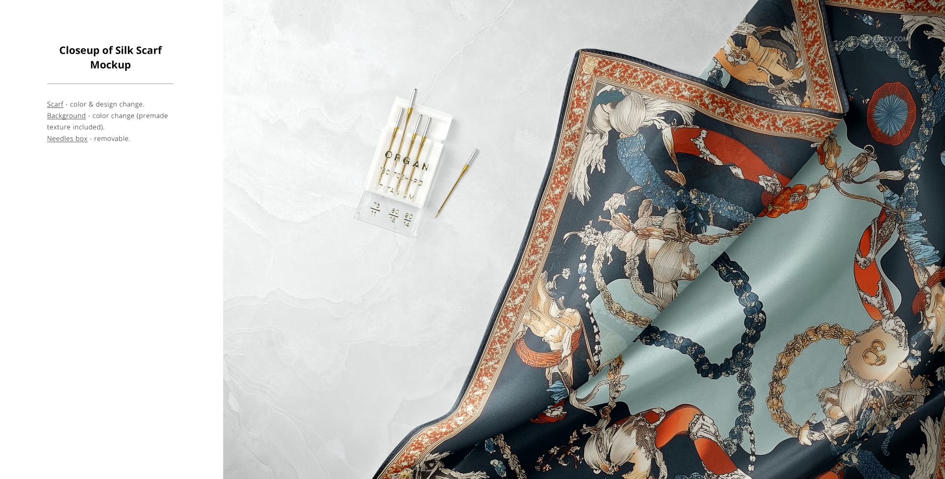 Silk scarf mockup showing detailed decorative designs in muted colors, displayed on a light stone background.