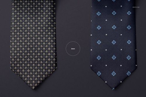 Fashion accessory mockup showing two ties with distinct geometric designs, arranged vertically on a dark backdrop.