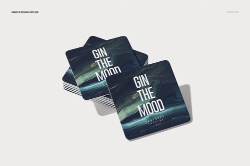 Square coasters mockup featuring layered coasters with a navy and green marbled pattern and bold white lettering.