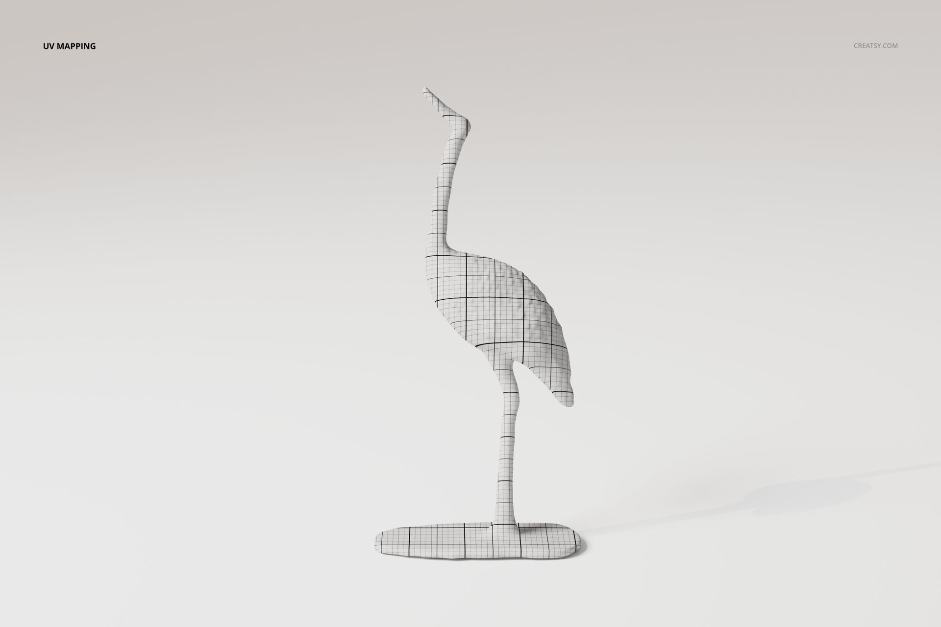 Front view of a chrome cane statue 3D model with grid lines, standing on a flat base against a light background.