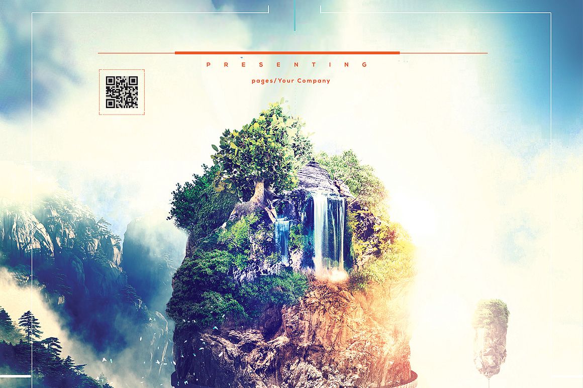 Poster mockup displaying a vibrant flying island with greenery, cascading waterfall, and clouds in the background.