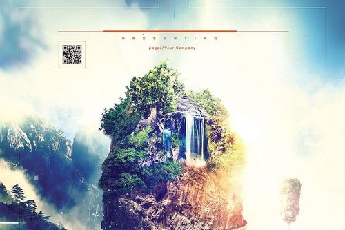 Poster mockup displaying a vibrant flying island with greenery, cascading waterfall, and clouds in the background.
