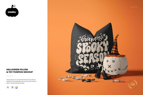 Halloween Pillow & Toy Pumpkin Mockup - mockup preview 1