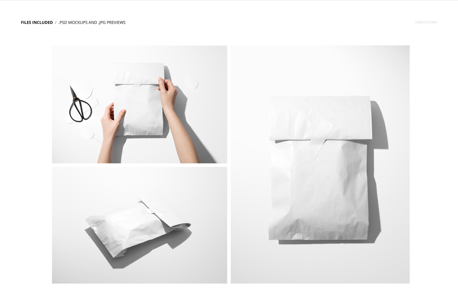 Paper bag mockup set with stickers in three views, featuring a top view and hands attaching a sticker, minimal props.