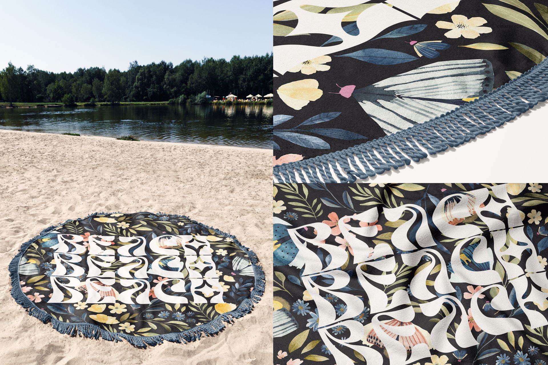 Close-up of a round fringed beach towel mockup with botanical and bird motifs, displayed outdoors on sand.