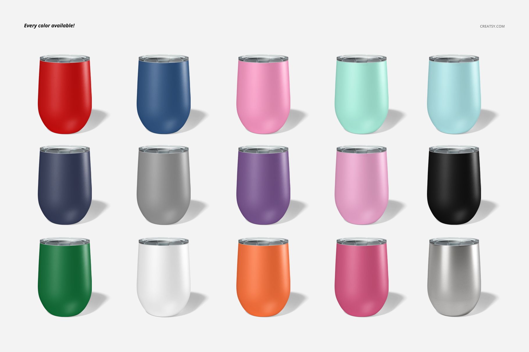Front view of fifteen 12 oz stemless wine cups in various solid colors, arranged in three rows on a white background.