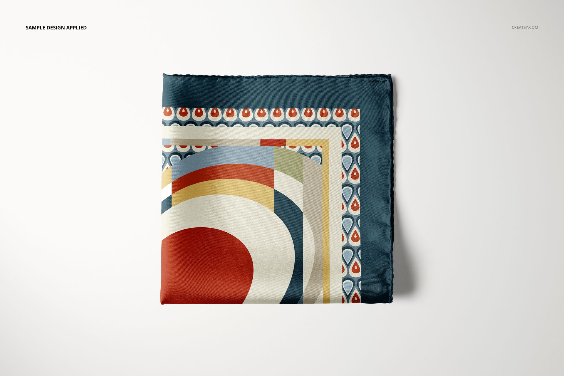 Pocket square mockup featuring a folded accessory with bold geometric shapes and multicolor borders on white surface.