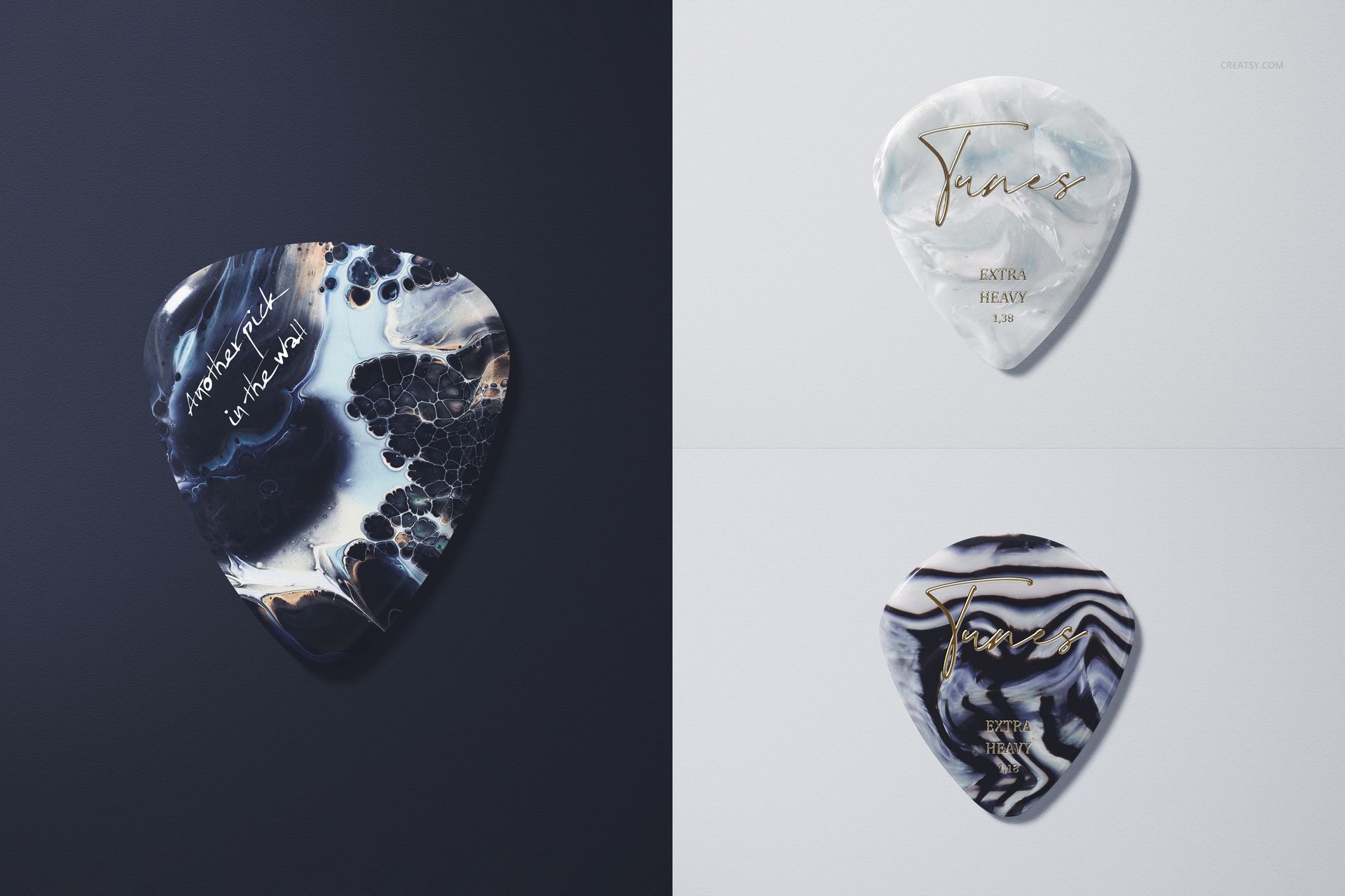 Three guitar picks with abstract marbled patterns displayed in a mockup, shown from a top view on dark and light backgrounds.