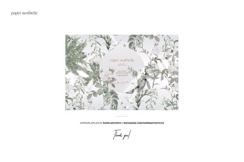 Floral Victorian style PSD mockup scene featuring an armchair and ottoman with botanical patterns in soft green tones.