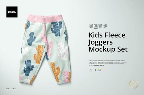 Kids fleece joggers mockup featuring cactus print in blue, pink, and orange tones, shown from the front on a neutral surface.
