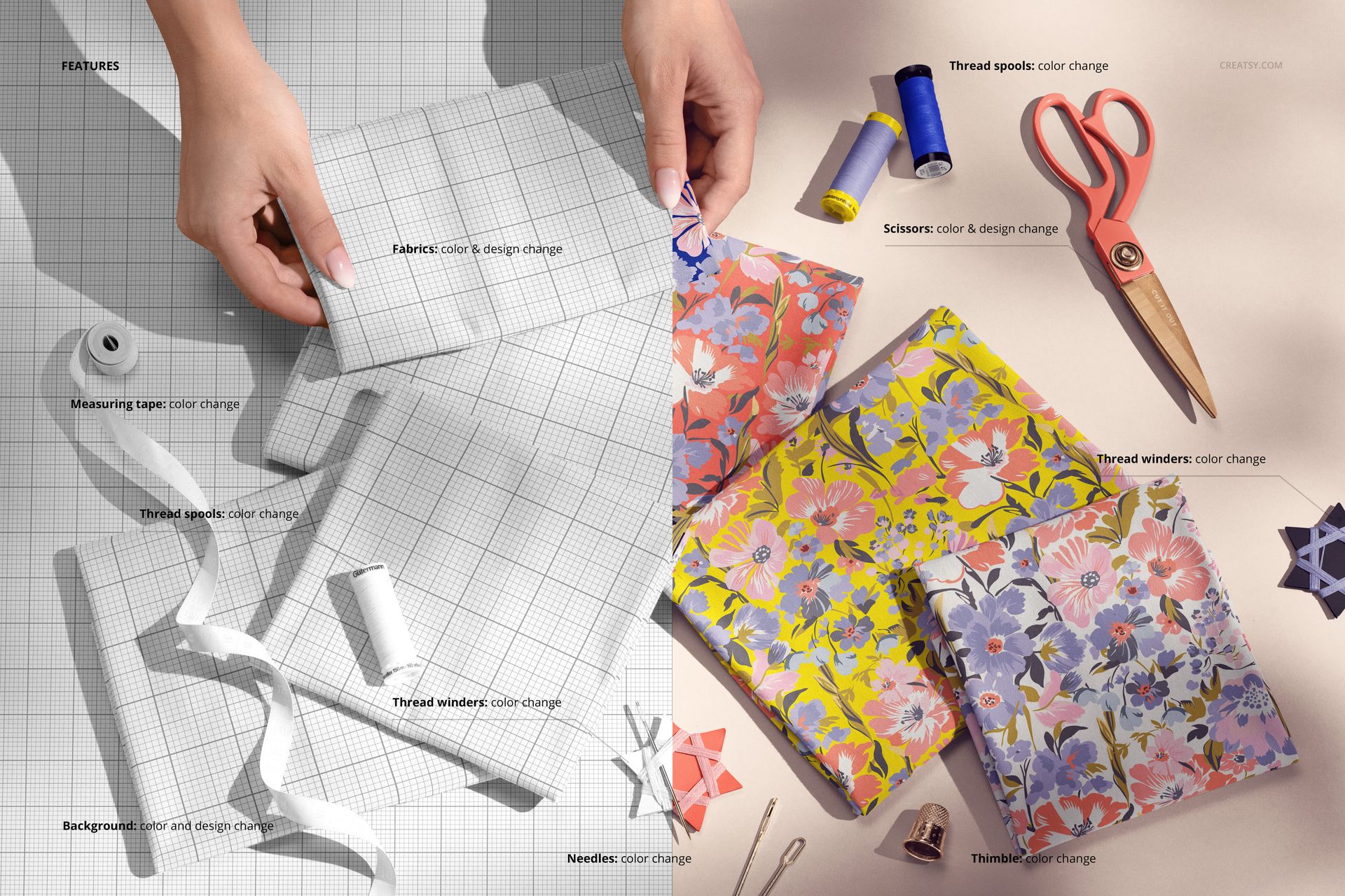 Arranged folded jersey fabrics mockup showing floral designs, sewing accessories, and a split workspace view.