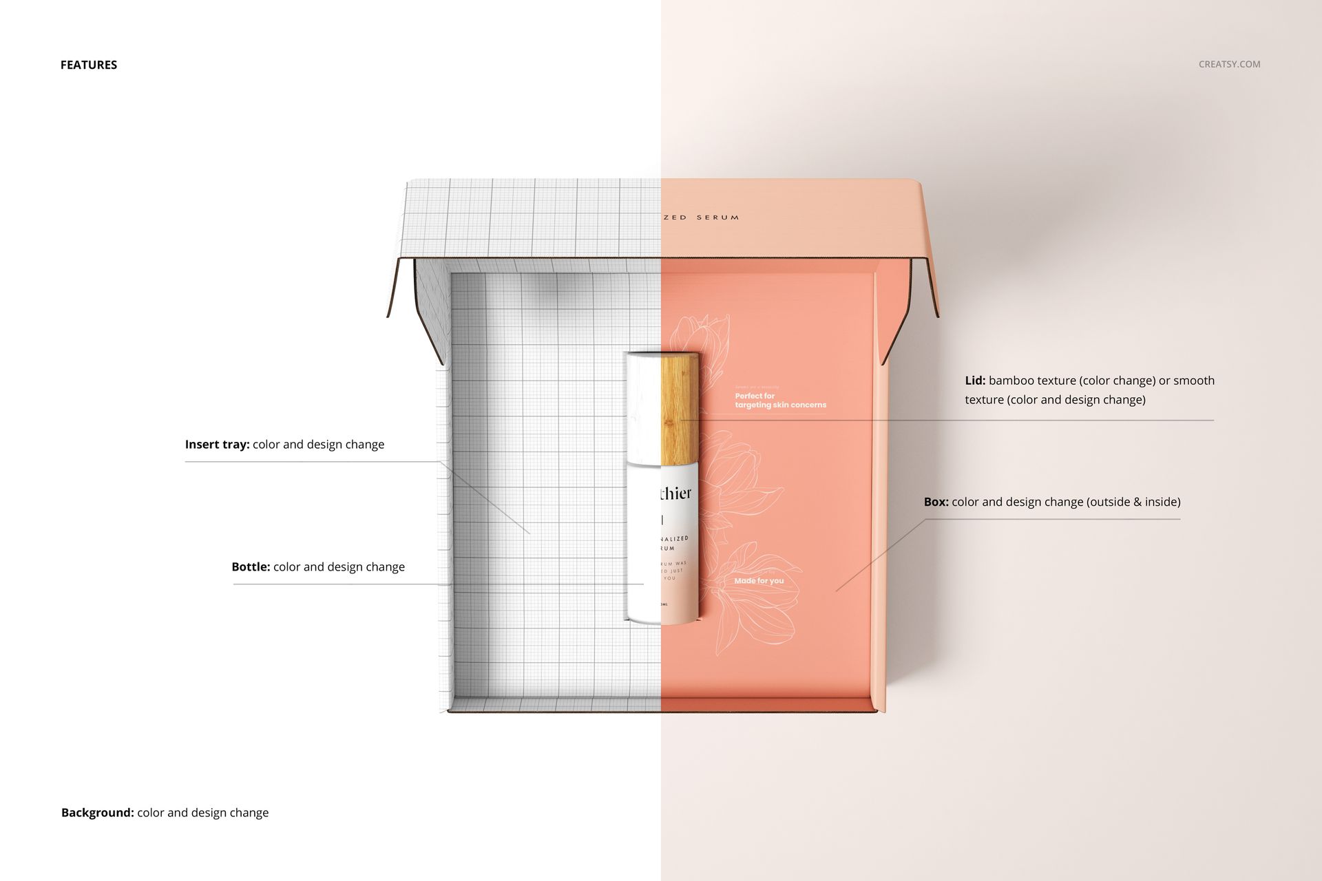 Open cosmetic mailing box mockup with a grid pattern on the left and a peach color design on the right, top view.