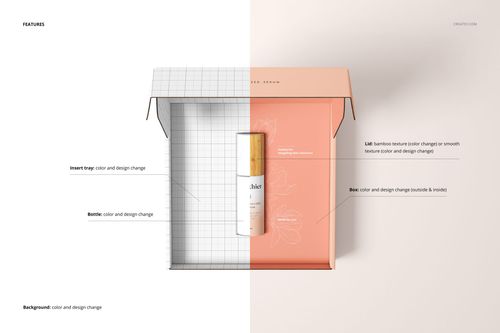 Open cosmetic mailing box mockup with a grid pattern on the left and a peach color design on the right, top view.