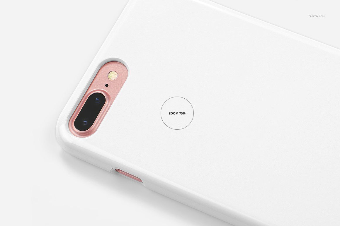 Top view of a white iPhone 7 Plus or 8 Plus plastic case mockup with rose gold camera details on a plain background.
