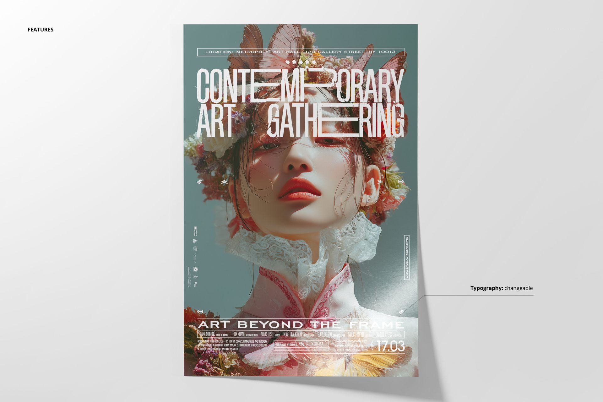 Front view of a floral-themed poster mockup featuring butterflies and soft pastel colors, with customizable typography.