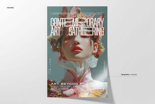 Front view of a floral-themed poster mockup featuring butterflies and soft pastel colors, with customizable typography.