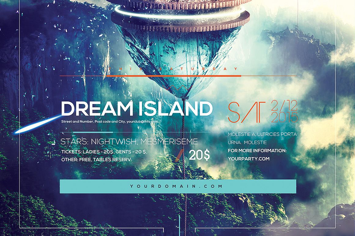 Front view of a poster mockup featuring a floating island above a misty forest landscape, with event details and geometric design elements.