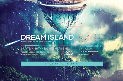 Front view of a poster mockup featuring a floating island above a misty forest landscape, with event details and geometric design elements.
