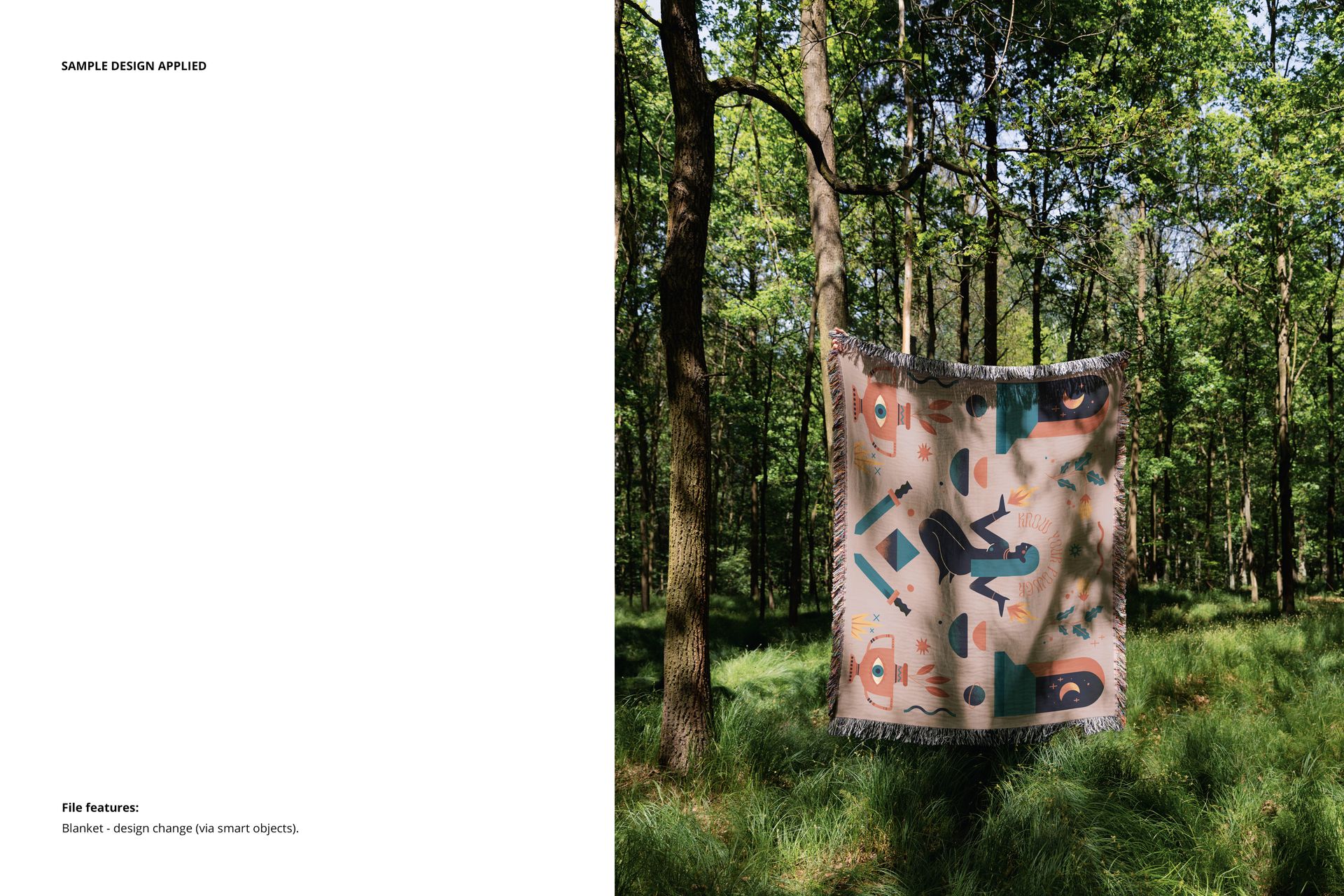 Fringed throw blanket mockup featuring a colorful abstract design, suspended outdoors among green forest trees.