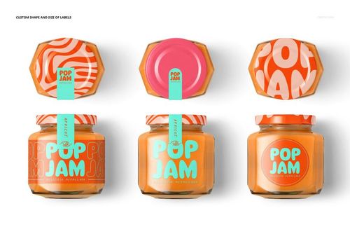 PSD mockup displaying persimmon jam jars with custom label designs in orange, pink, and turquoise accents.