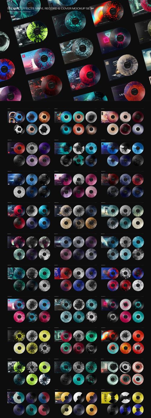Multiple vinyl records in vibrant hues and effects, arranged with cover art mockups in a vertical collage format.