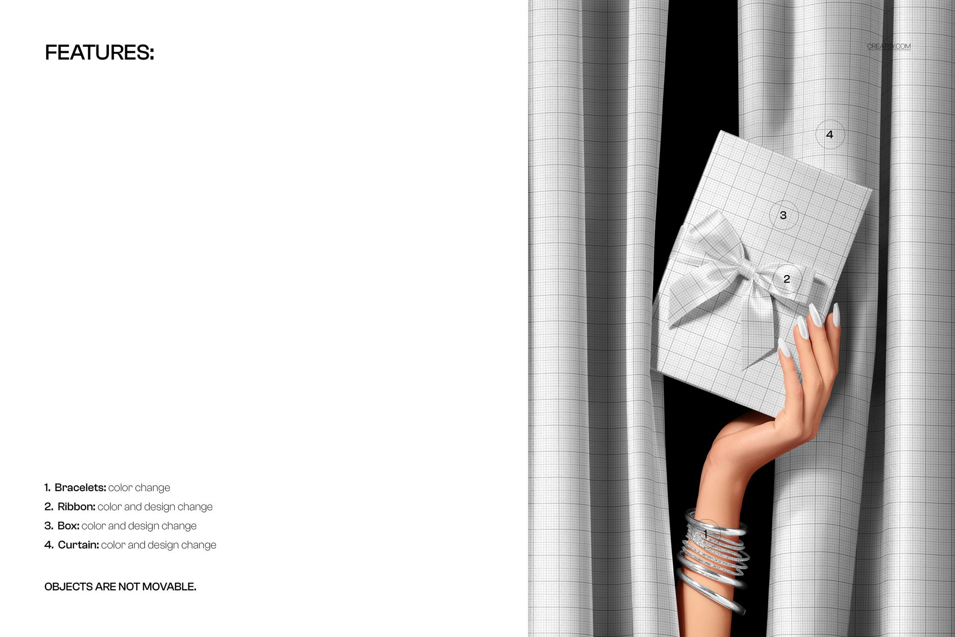 Elegant gift box mockup featuring a ribbon, displayed against closed gray curtains, with a hand wearing bracelets.