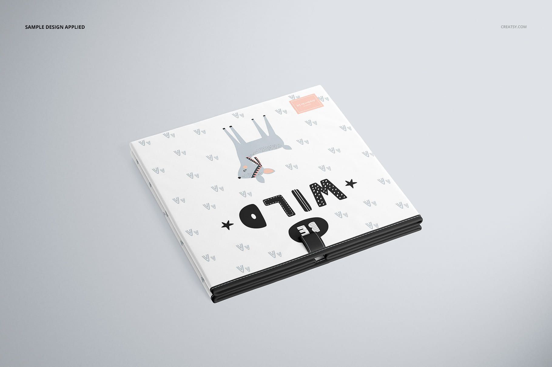 Folding storage box mockup with a white lid featuring playful animal graphics and bold text, shown from a top angle.