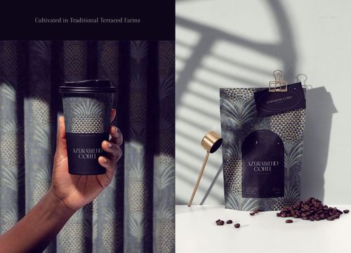 Coffee cup and pouch mockup featuring intricate blue and gold designs, shown with coffee beans and a modern lamp.