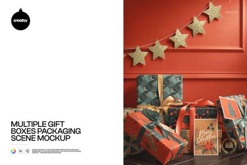 PSD mockup showing several wrapped gift boxes in various sizes, featuring holiday designs and props in a cozy scene.