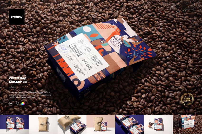 Rectangular coffee bag mockup featuring a vibrant geometric pattern, surrounded by scattered coffee beans.