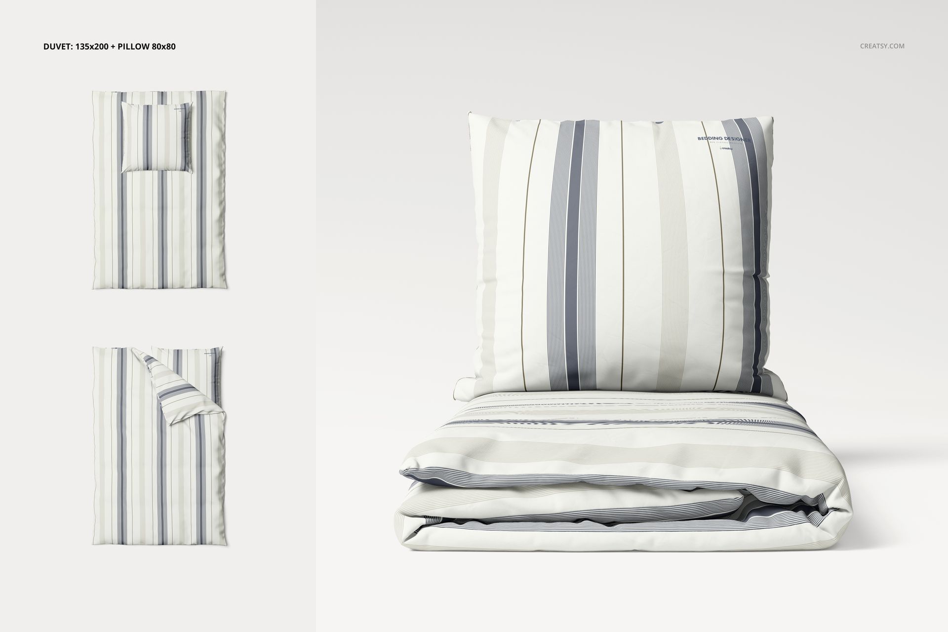 Striped bedding set mockup featuring a duvet and pillow in neutral tones, shown from a front and top view.