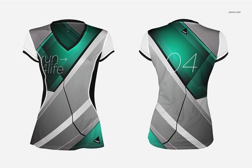 PSD mockup showing a women’s sports jersey in two angles, featuring abstract green and gray shapes and short sleeves.
