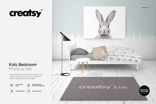 Front view of a kids bedroom mockup showing a bed with chevron bedding, a rabbit artwork, and a gray carpet.